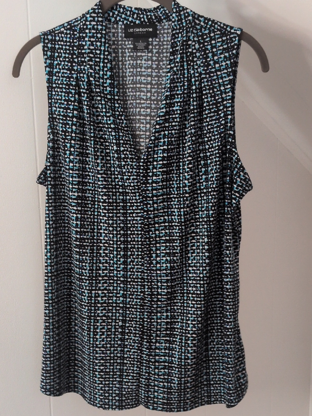 Liz Claiborne Black and Teal Patterned Sleeveless Tank Top